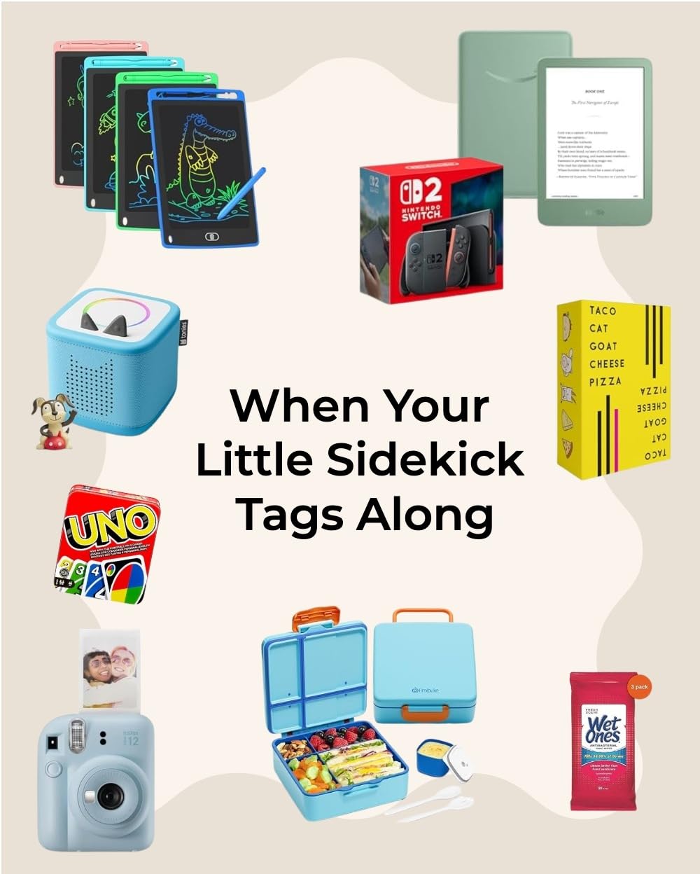 Quiet activities to keep kids busy during a meeting: doodle tablet, Toniebox, card games, snack box.