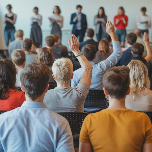 Audience members with raised hands in a classroom setting