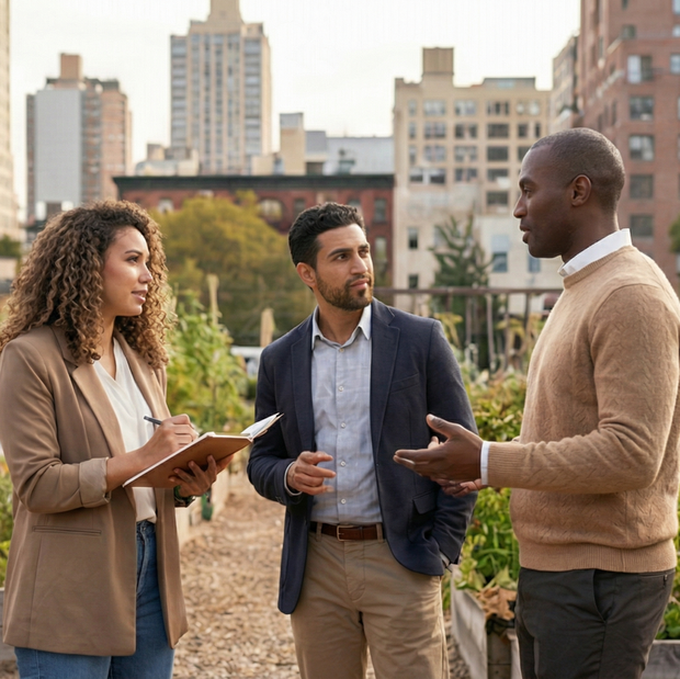 Three people engaged in a conversation on a rooftop garden with city buildings in the background