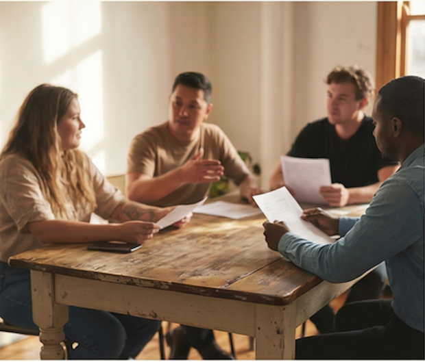 Four people sitting around a wooden table in a room with natural light.