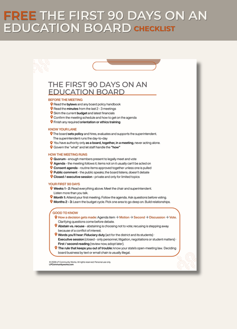 FREE - First 90 Days on an Education Board Checklist | PDF
