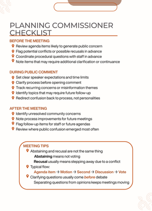 FREE - Planning Commissioner Checklist | Public Meeting Quick Reference PDF