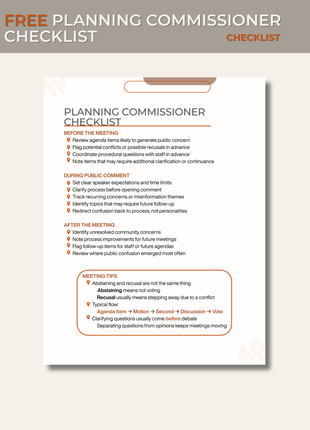FREE - Planning Commissioner Checklist | Public Meeting Quick Reference PDF