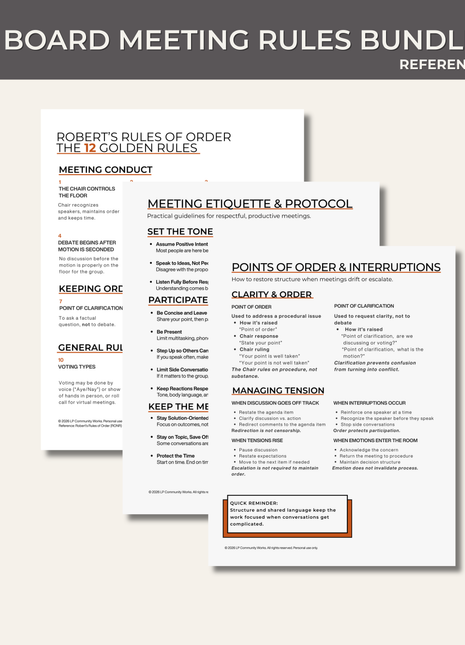 Board Meeting Rules Bundle | Robert’s Rules, Etiquette and Motion Guides