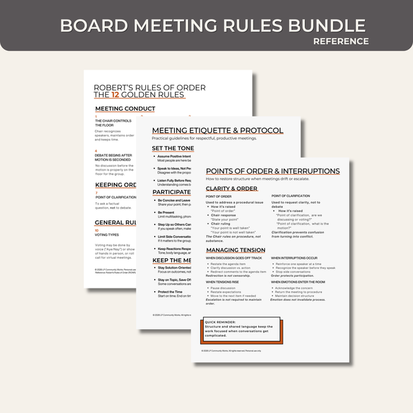 Board Meeting Rules Bundle | Robert’s Rules, Etiquette and Motion Guides