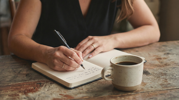 Person writing in a notebook with a mug of coffee on a wooden table