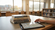 Stack of books on a table with a tablet displaying a map in a library setting